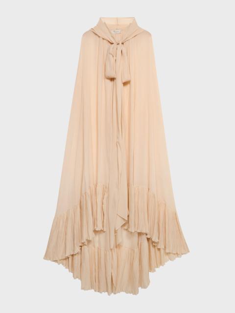 GEORGETTE CAPE WITH HOOD AND PLEATED RUFFLE