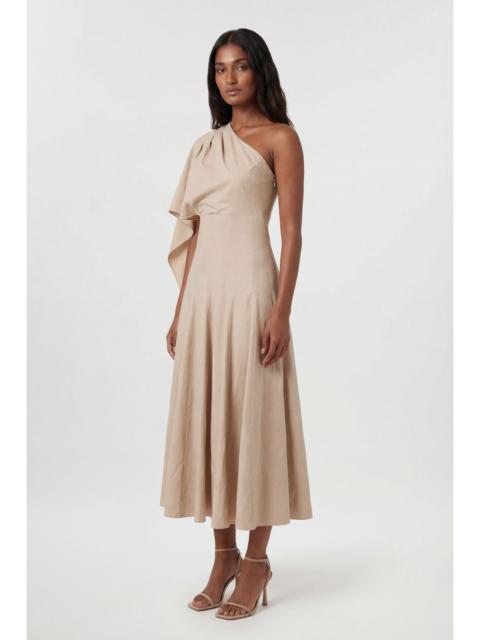 KAREN MILLEN Petite Premium Tailored Linen High Neck One Shoulder Full Midi Dress