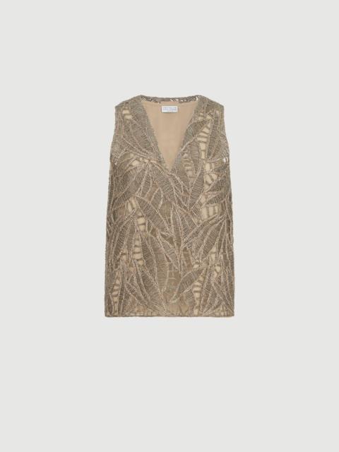 Brunello Cucinelli Linen and cotton dazzling cacao leaves embroidery top