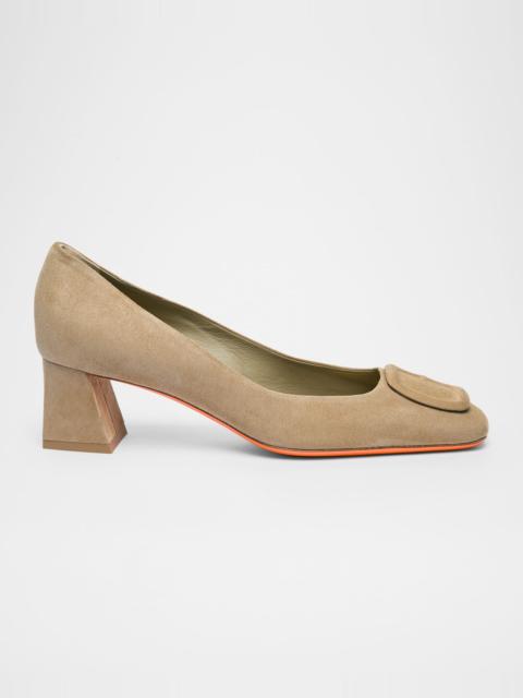 Santoni Suede Block Heel Buckle Pumps