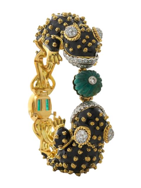 DAVID WEBB Emerald Diamond Black Enamel Twin Frog Bracelet