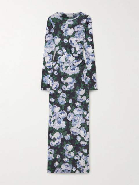 Stella McCartney Gathered Floral-print Stretch-mesh Maxi Dress
