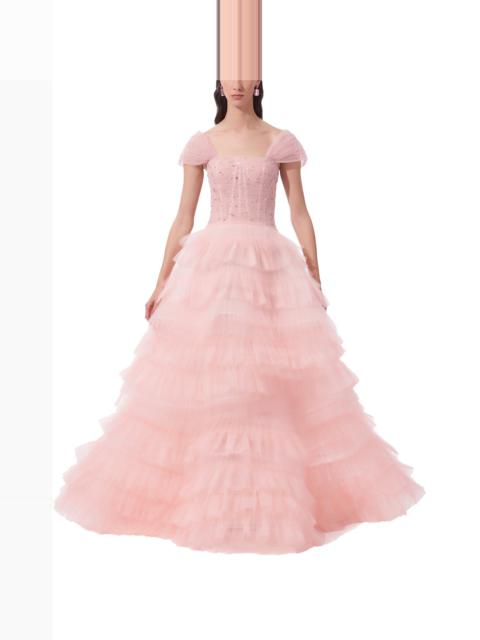 Carolina Herrera Off-Shoulder Pleated Tulle Ruffle Gown