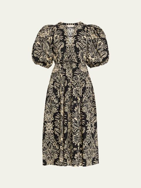 ULLA JOHNSON Harriet Floral Poplin Puff-Sleeve Midi Dress