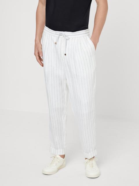 Brunello Cucinelli Linen chalk stripe leisure fit trousers with drawstring and double pleats