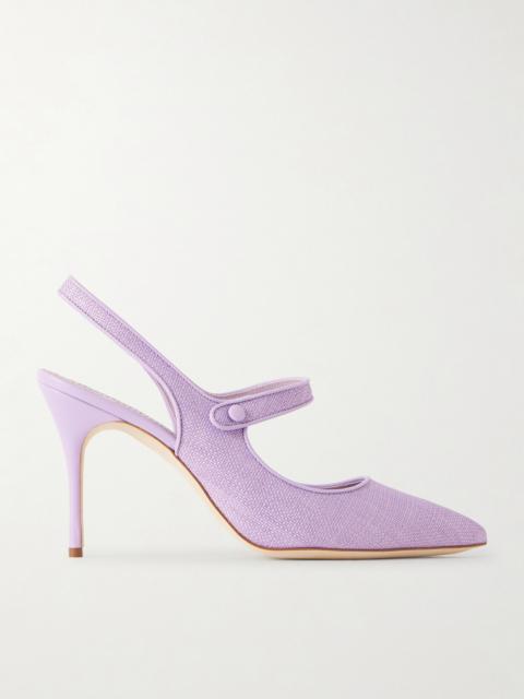 Manolo Blahnik Camparisli 90 Leather-trimmed Raffia Mary Jane Slingback Pumps