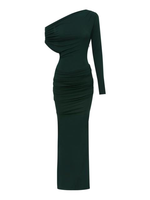 ALEX PERRY Asymmetric Draped Crepe Jersey Maxi Dress dark green