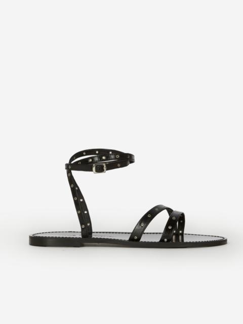 The Kooples BLACK LEATHER FLAT SANDALS WITH EYELETS