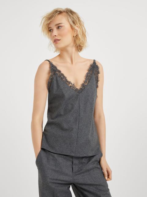 Brunello Cucinelli Virgin wool and cashmere flannel top with dazzling embroidery