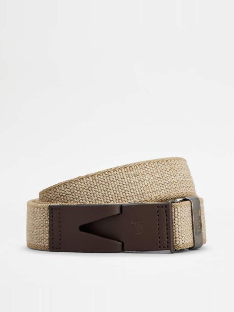Tod's BELT IN CANVAS AND LEATHER - BEIGE, BROWN