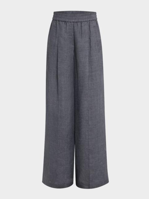 Pleated Wide-Leg Linen Pull-On Trackpants