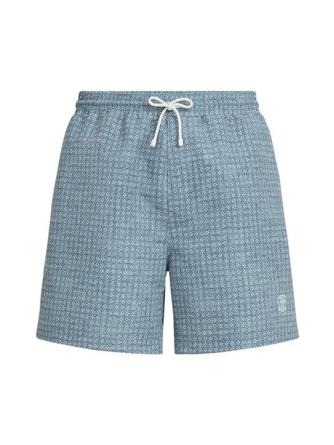 Brunello Cucinelli Men's Flower Print Nylon Swim Shorts - Slate