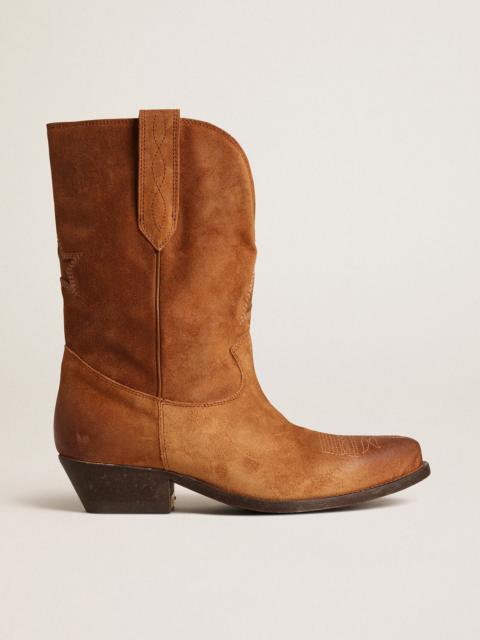 Golden Goose Low Wish Star boots in cognac-colored suede with inlay star