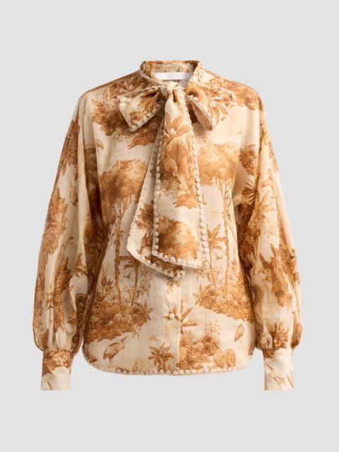 Zimmermann Women's Indra Printed Tieneck Blouse - Coffee Safari