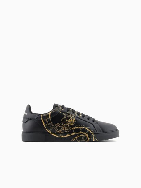 EMPORIO ARMANI dragon-print leather sneakers