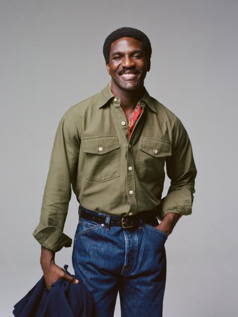 Drake's Olive Cotton Two-Pocket Long Point Collar Work Shirt