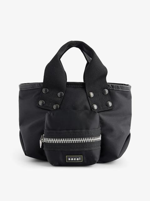 Brand-patch small woven tote bag