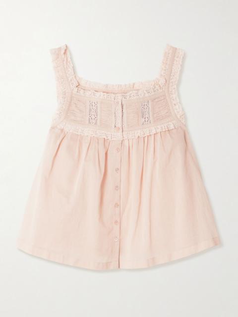 DÔEN Fidella cropped lace-trimmed organic cotton-voile top Pink