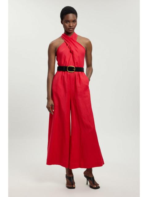 KAREN MILLEN Petite Viscose Linen Belted Halterneck Woven Jumpsuit