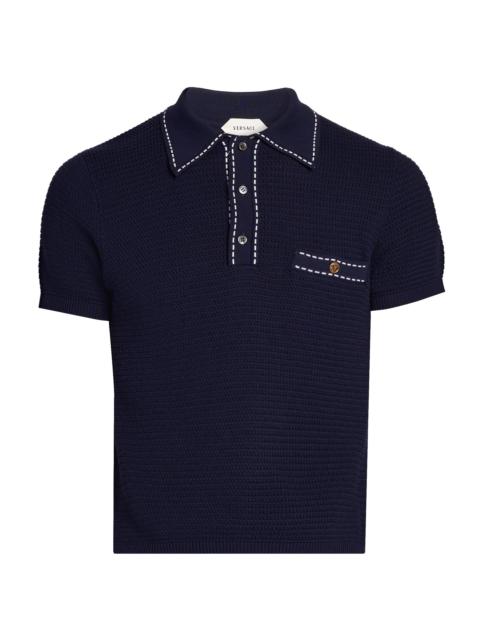 VERSACE Men's Cotton Polo Sweater - Navy