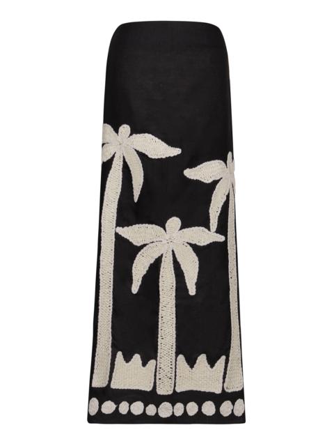 Johanna Ortiz Feliz Aguaro Embroidered Linen-Blend Midi Skirt black