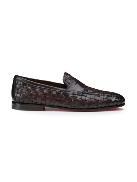 Santoni Men's dark brown woven leather Carlo penny loafer