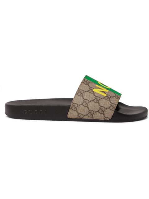 GUCCI Printed Leather-Trimmed Monogrammed Coated-Canvas Slides