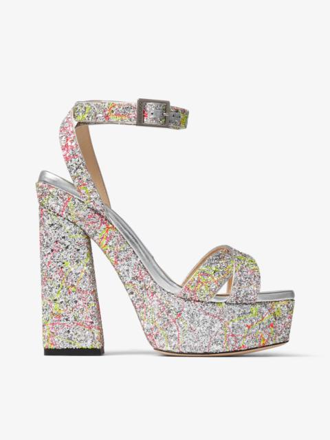 JIMMY CHOO Gaia 140 Splattered Coarse Glitter Fabric Platform Sandals