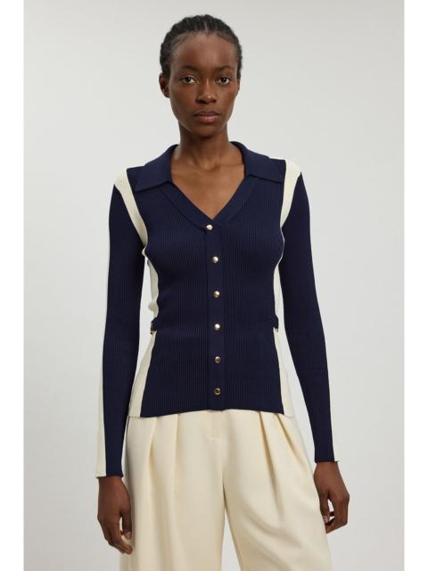 KAREN MILLEN Viscose Rib Contrast Colour Button Knit Top