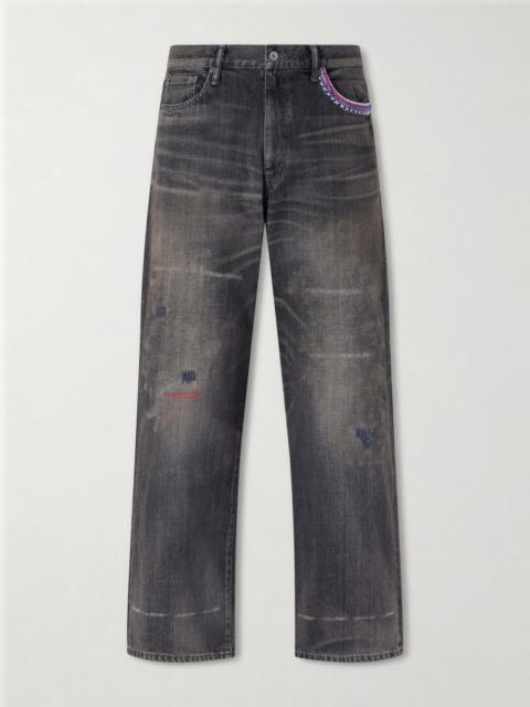 NEIGHBORHOOD Savage Wide-Leg Bead-Embellished Distressed Jeans