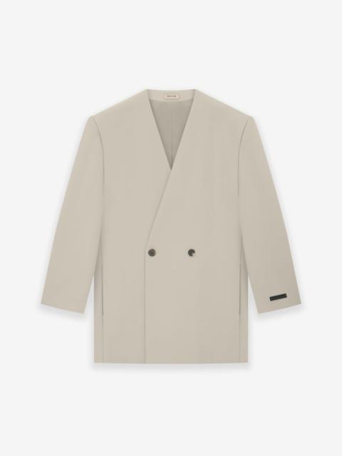 Wool Gabardine Double Breasted Lapelless Blazer