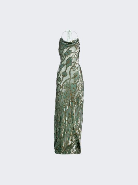 Roberto Cavalli Velvet Flowers Fil Coupe Lurex Dress Salvia