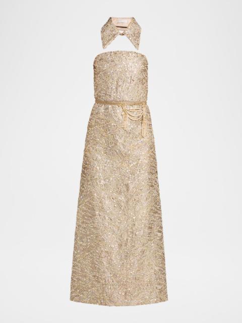 REEM ACRA Collared Strapless Embellished Midi Cocktail Dress