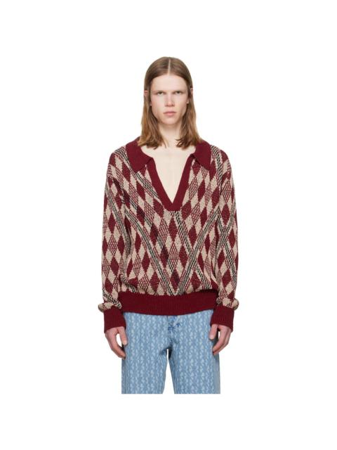 Dries Van Noten Burgundy & Beige Argyle Polo