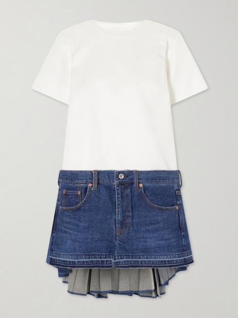 sacai Cape-effect Pleated Cotton And Silk-blend Jersey And Denim Mini Dress