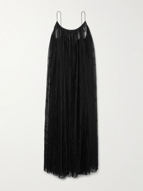Totême Embroidered recycled plissé-tulle maxi dress Black