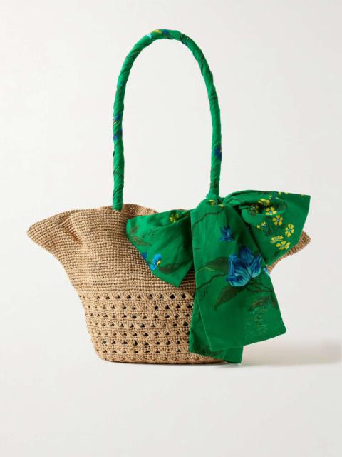 Erdem Printed cotton and linen-blend trimmed raffia tote