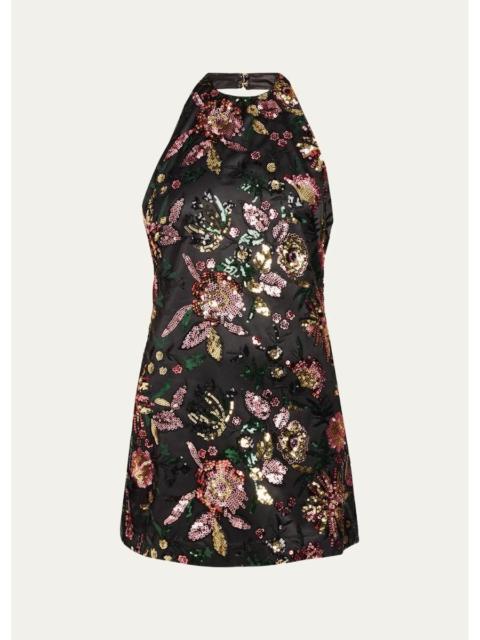 RAMY BROOK Eva Floral Sequined Halterneck Mini Dress