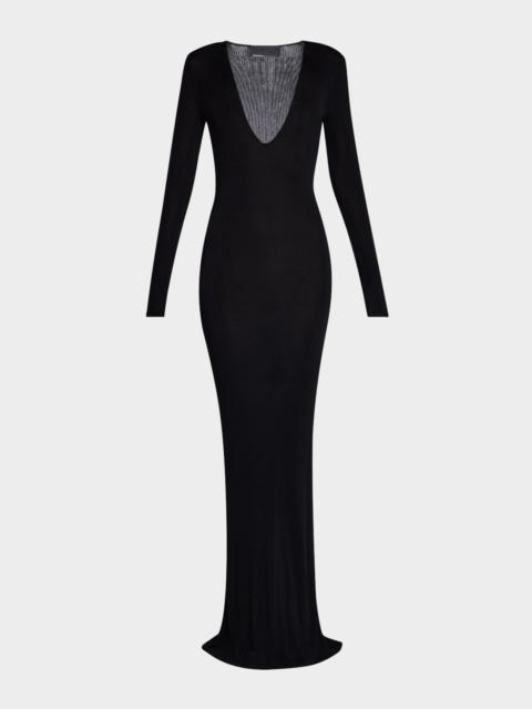 NILI LOTAN Jean Plunging Long-Sleeve Rib Maxi Dress