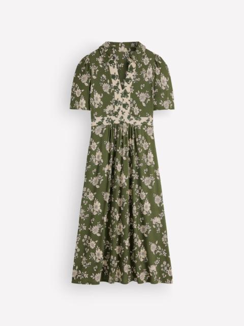 BODEN Heidi Jersey Midi Tea Dress-Olive, Floral Field Spaced