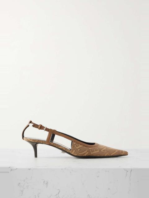 Leather-trimmed logo-jacquard canvas slingback pumps