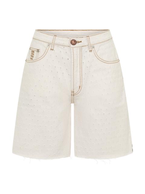 ONE TEASPOON Rebel Rise High Waist Long Length Denim Shorts - Drilled White Beauty