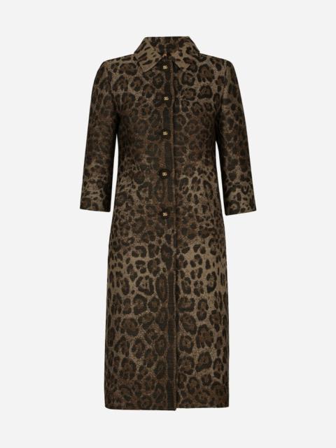 Single-breasted wool jacquard coat with leopard design