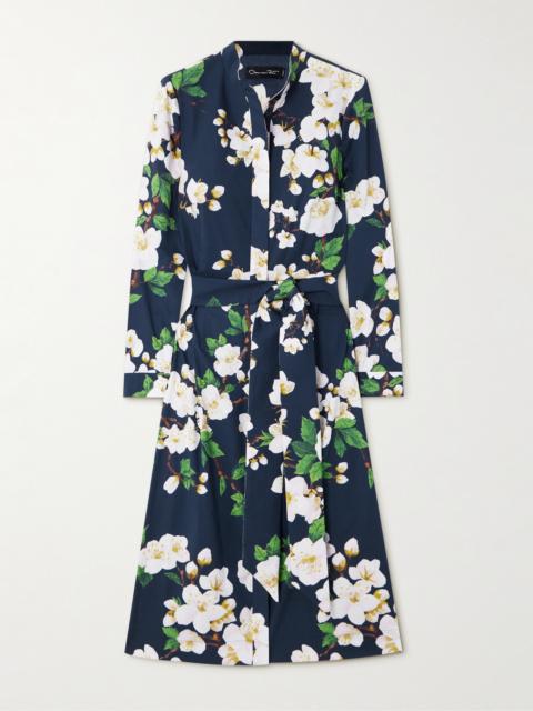Oscar de la Renta Belted Floral-print Cotton-blend Poplin Midi Shirt Dress