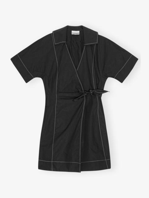 BLACK COTTON POPLIN WRAP MINI DRESS