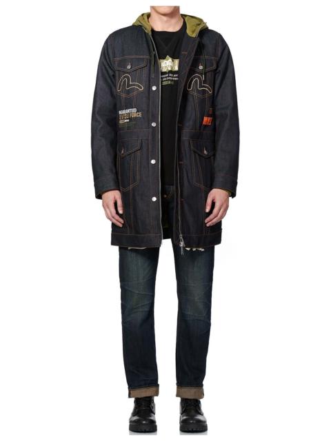 EVISU KAMON AND LOGO EMBROIDERED DENIM PADDED COAT