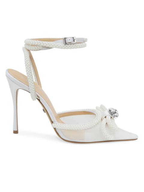 MACH & MACH Women's 110MM Embellished Double Bow Mesh Pumps - White