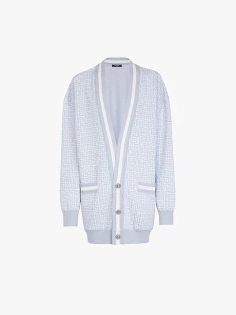 Balmain Oversized white and pale blue wool cardigan with Balmain monogram