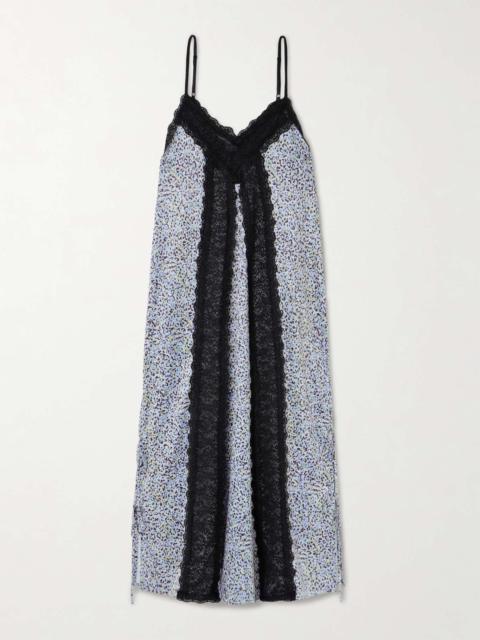 KIKA VARGAS Sunita tie-detailed lace-trimmed leopard-print stretch-satin maxi dress Blue
