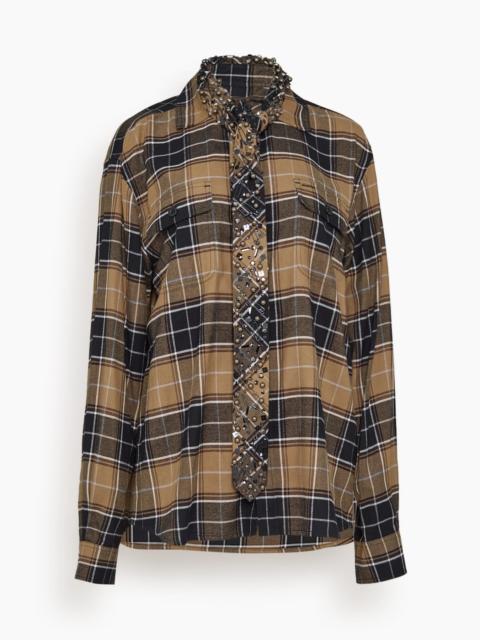 sacai Bijou Embroidery Plaid Flannel Shirt in Black x Beige
